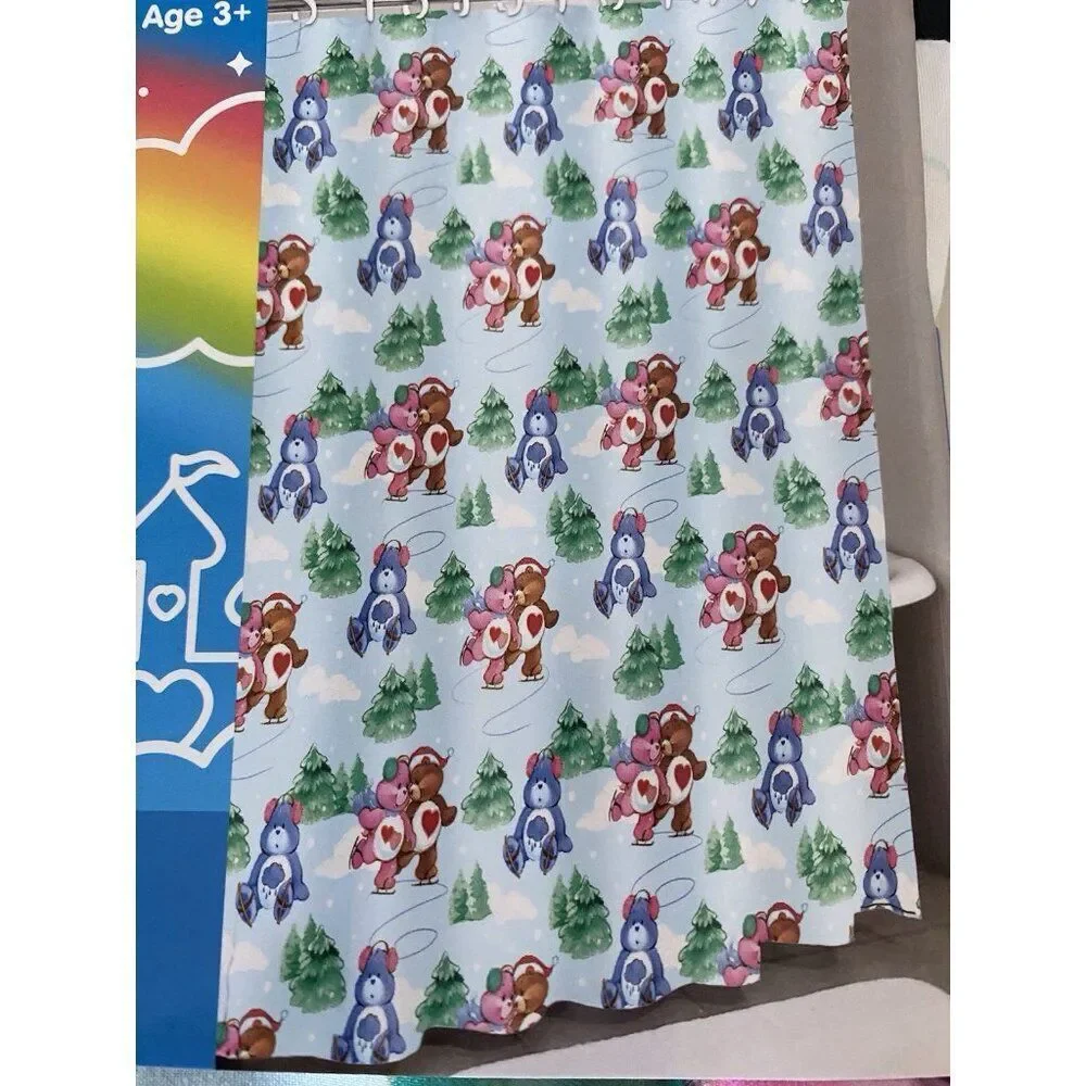 Care Bears Christmas Holiday Fabric Shower Curtain 70 X 72” Ice Skating Snow NEW